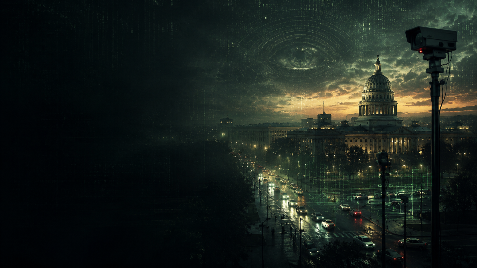 Dystopian surveillance scene over a capitol city